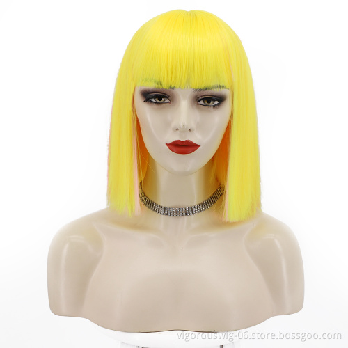 Yellow Highlight Red High Temperature Synthetic Bob Wigs With Flat Neat Bangs Short Straight Wigs for Women Wholesale